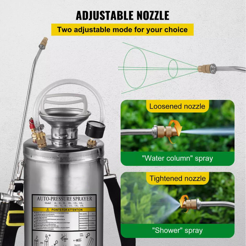 6L Durable Stainless Steel Garden Sprayer Manual Pressure Adjustable Nozzle With 1m Hose Fan