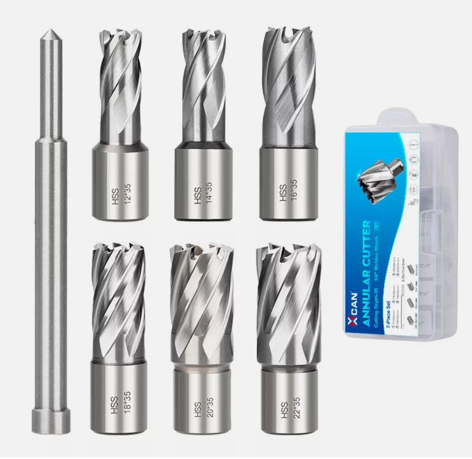 7Pcs HSS Annular Mag Drill Broach Bit 12-22mm Cutting Depth 35mm Weldon Shank AU