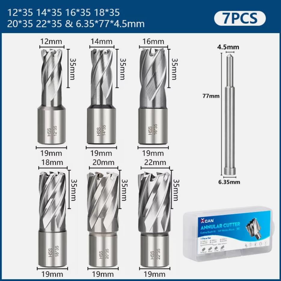 7Pcs HSS Annular Mag Drill Broach Bit 12-22mm Cutting Depth 35mm Weldon Shank AU