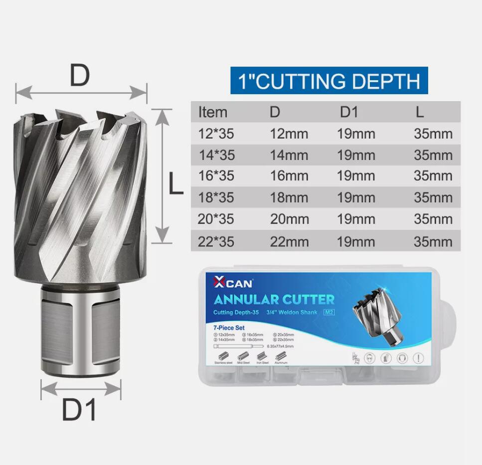 7Pcs HSS Annular Mag Drill Broach Bit 12-22mm Cutting Depth 35mm Weldon Shank AU