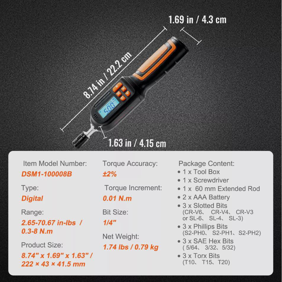 Premium Digital Torque Screwdriver 1/4" Range 2.65-70.67in/lb w/ 0.01N.m Increment AU