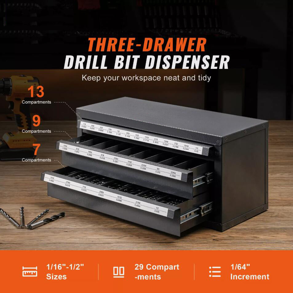 Heavy Duty Three-Drawer Drill Bit Dispenser Organizer Cabinet for 1/16in to 1/2in