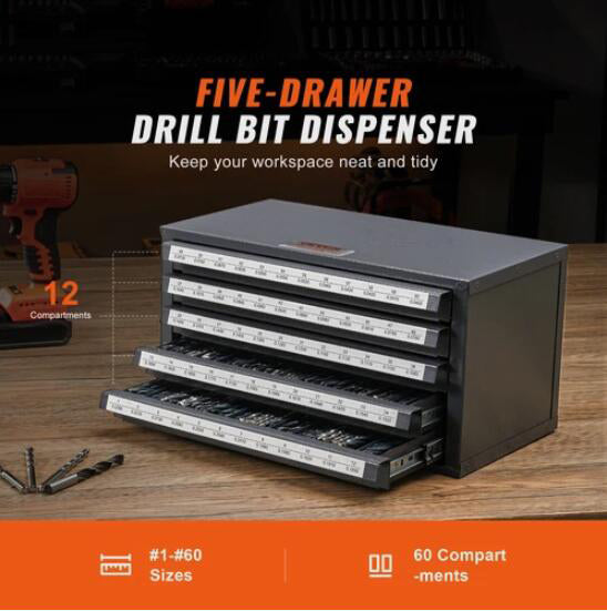 Heavy Duty Five-Drawer Drill Bit Dispenser Organizer Cabinet for #1 to #60 Stackable
