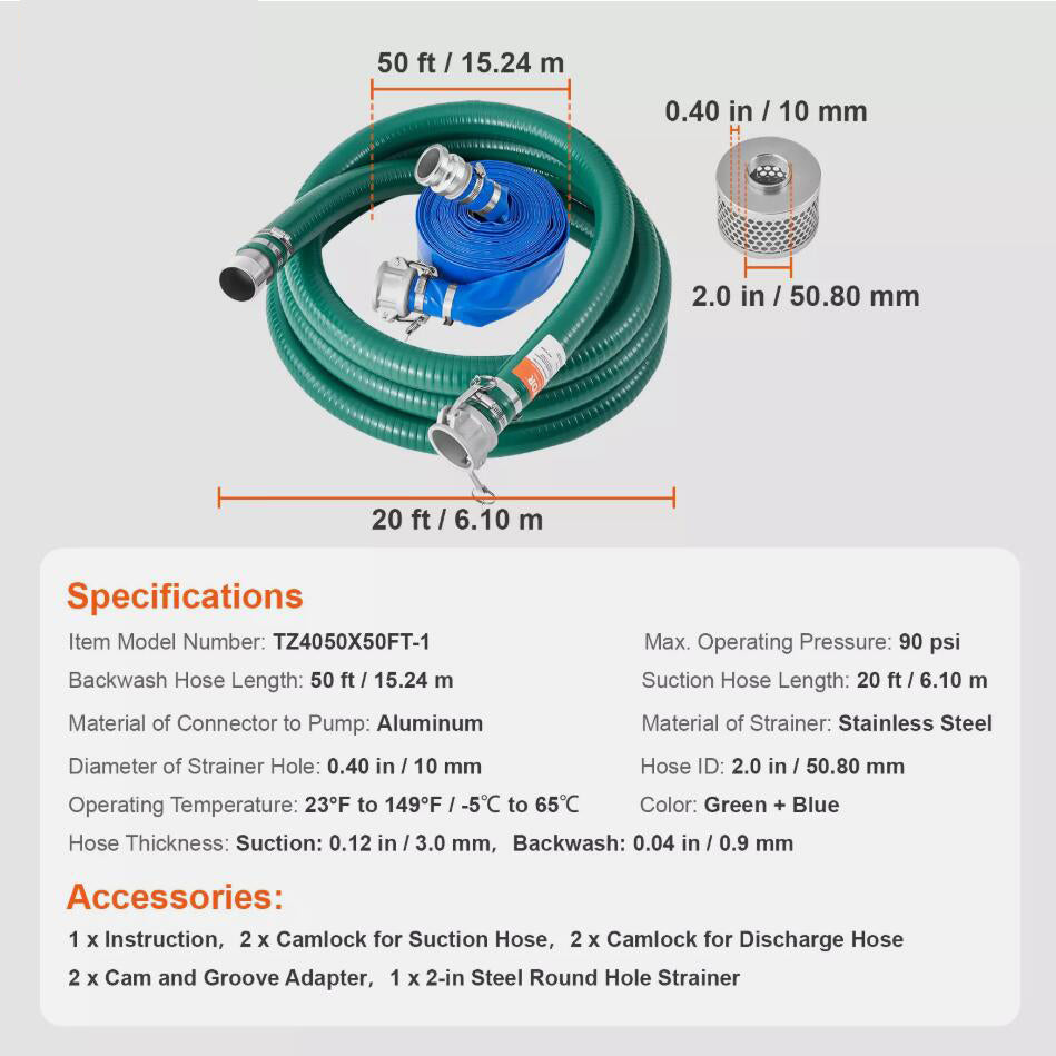 High Quality Suction Hose Kit for Water Pump 2 in x 20 ft Green Plus 50 ft Blue Hoses AU