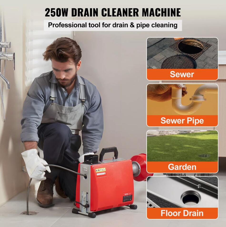 Premium 250W 66FT x 5/8" Drain Cleaner Machine Sewer Snake Auger Manual Feed AU