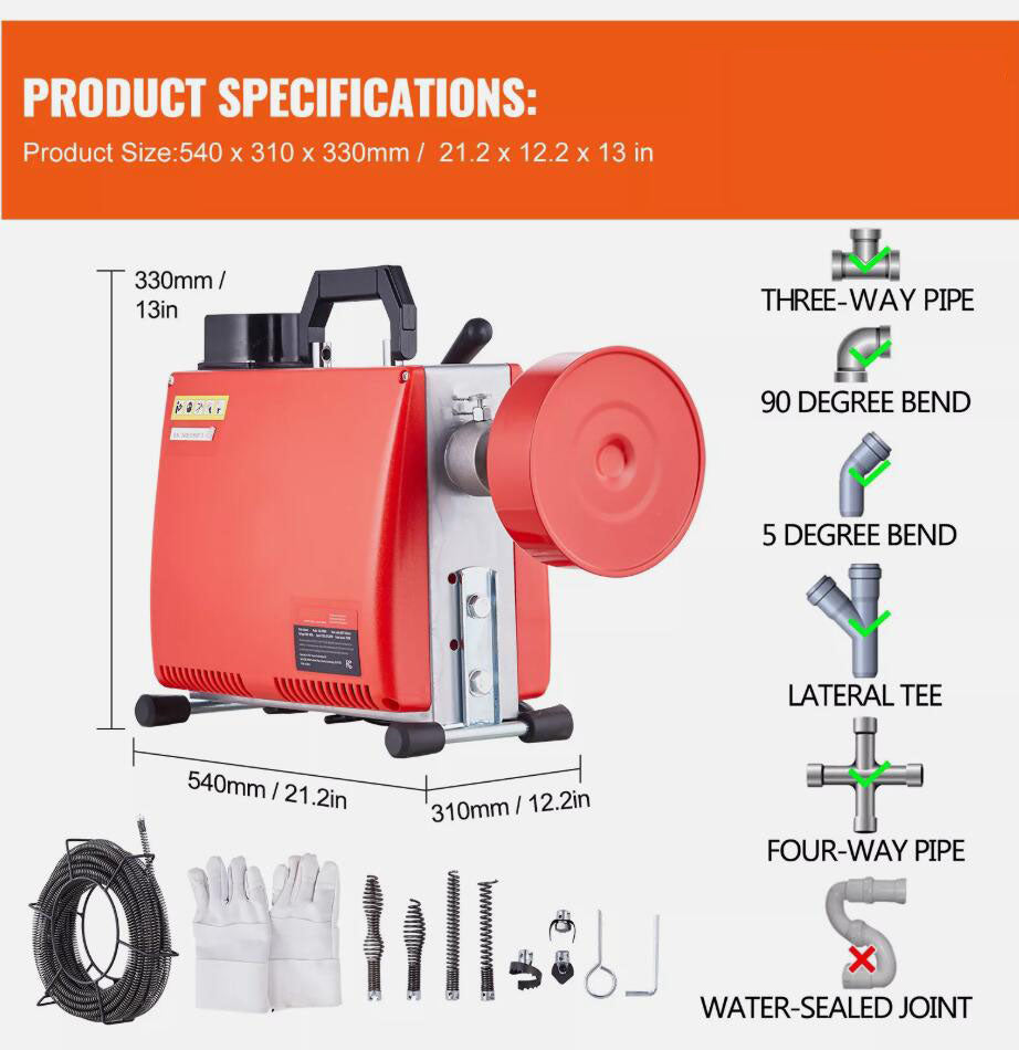 Premium 250W 66FT x 5/8" Drain Cleaner Machine Sewer Snake Auger Manual Feed AU