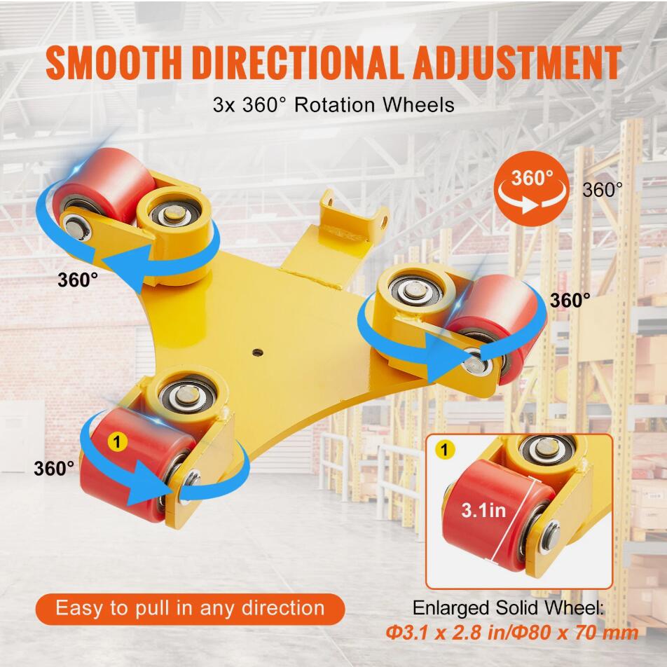 3T Heavy Duty Machinery Mover Dolly Machine Moving Skate With Handle & Swivel PU Wheels