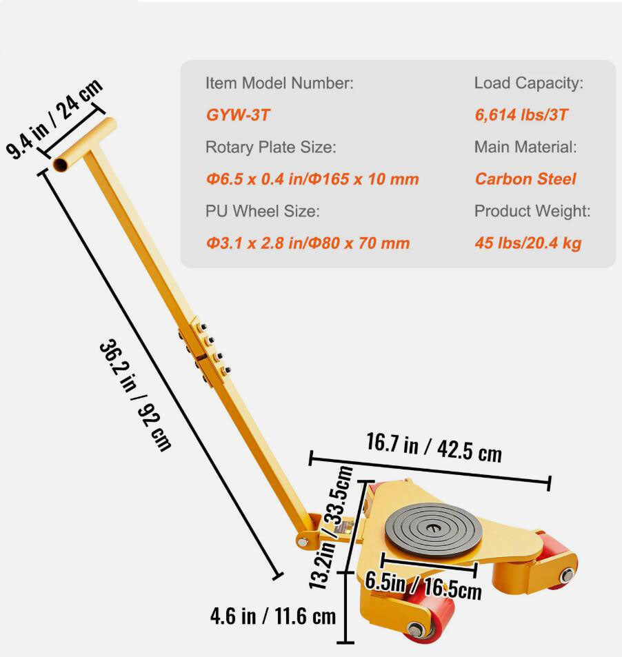 3T Heavy Duty Machinery Mover Dolly Machine Moving Skate With Handle & Swivel PU Wheels