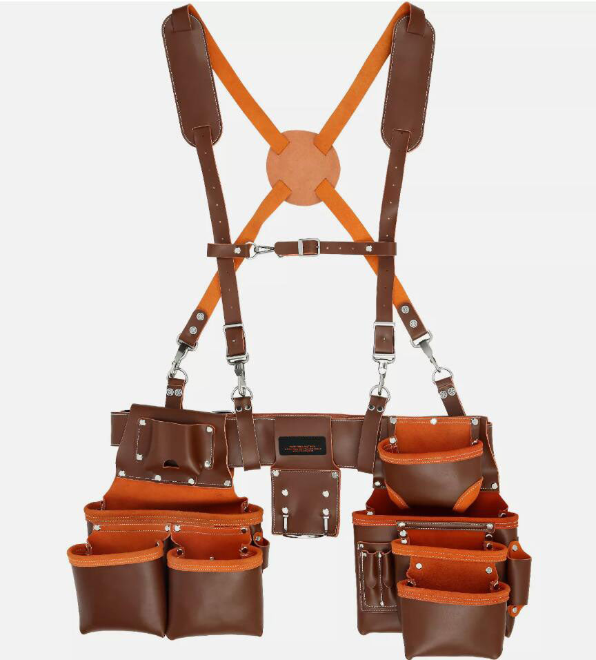 Genuine Leather Adjustable Tool Belt with Suspenders Carpenter Tool Pouch