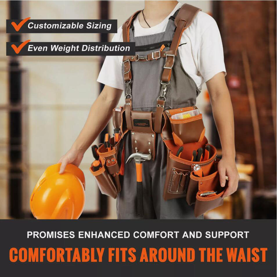 Genuine Leather Adjustable Tool Belt with Suspenders Carpenter Tool Pouch