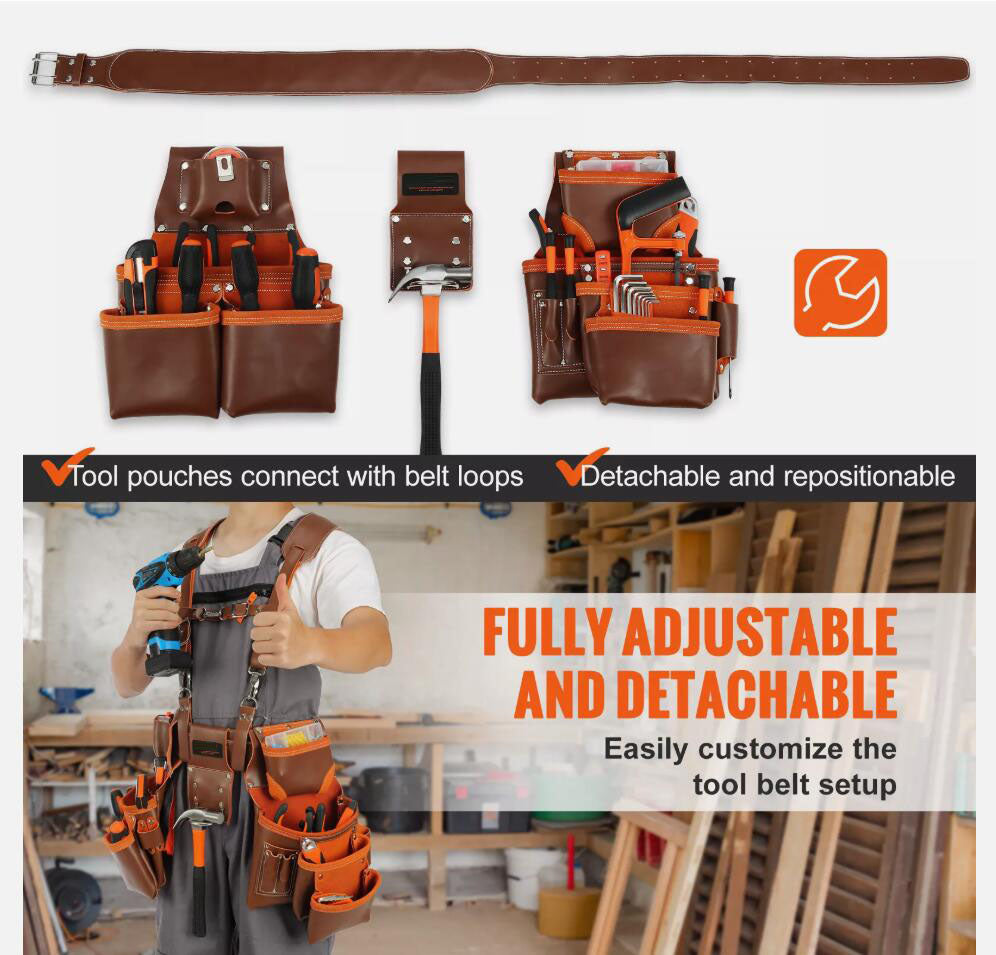 Genuine Leather Adjustable Tool Belt with Suspenders Carpenter Tool Pouch