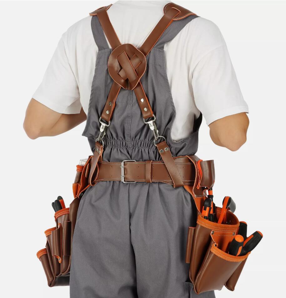 Genuine Leather Adjustable Tool Belt with Suspenders Carpenter Tool Pouch