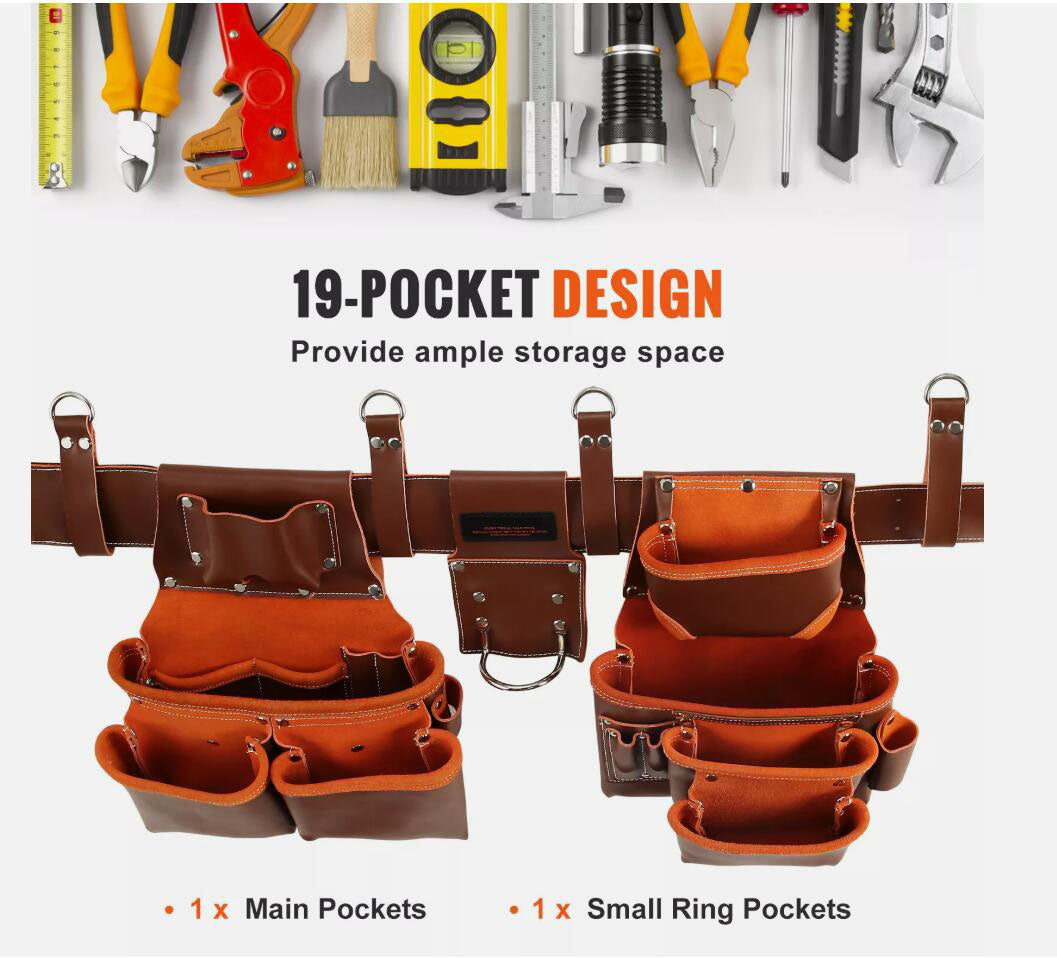 Genuine Leather Adjustable Tool Belt with Suspenders Carpenter Tool Pouch