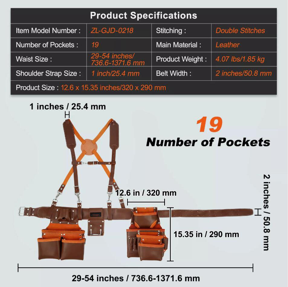 Genuine Leather Adjustable Tool Belt with Suspenders Carpenter Tool Pouch