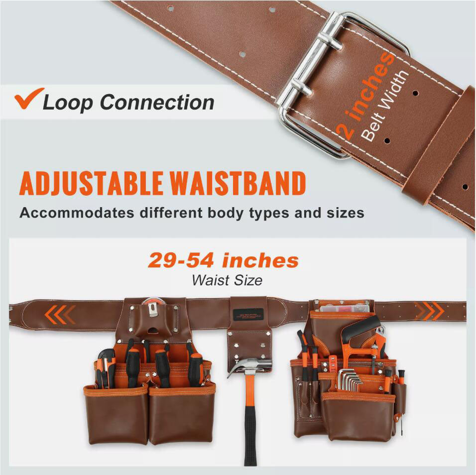 Genuine Leather Adjustable Tool Belt with Suspenders Carpenter Tool Pouch