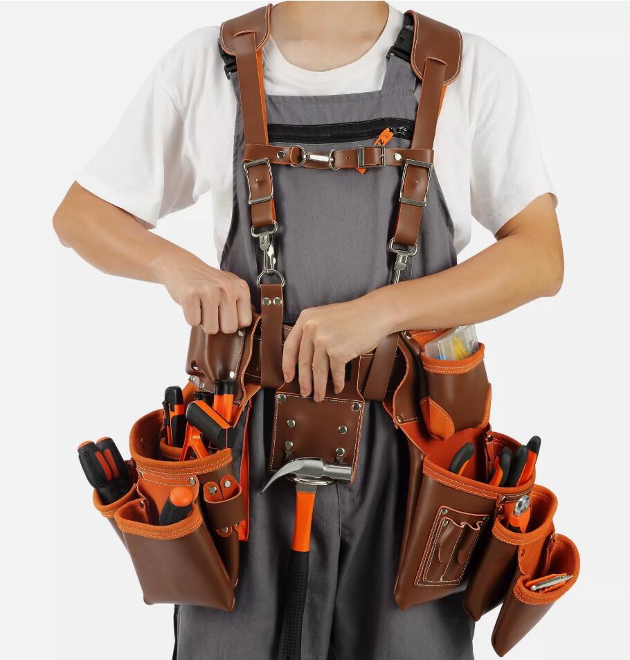 Genuine Leather Adjustable Tool Belt with Suspenders Carpenter Tool Pouch
