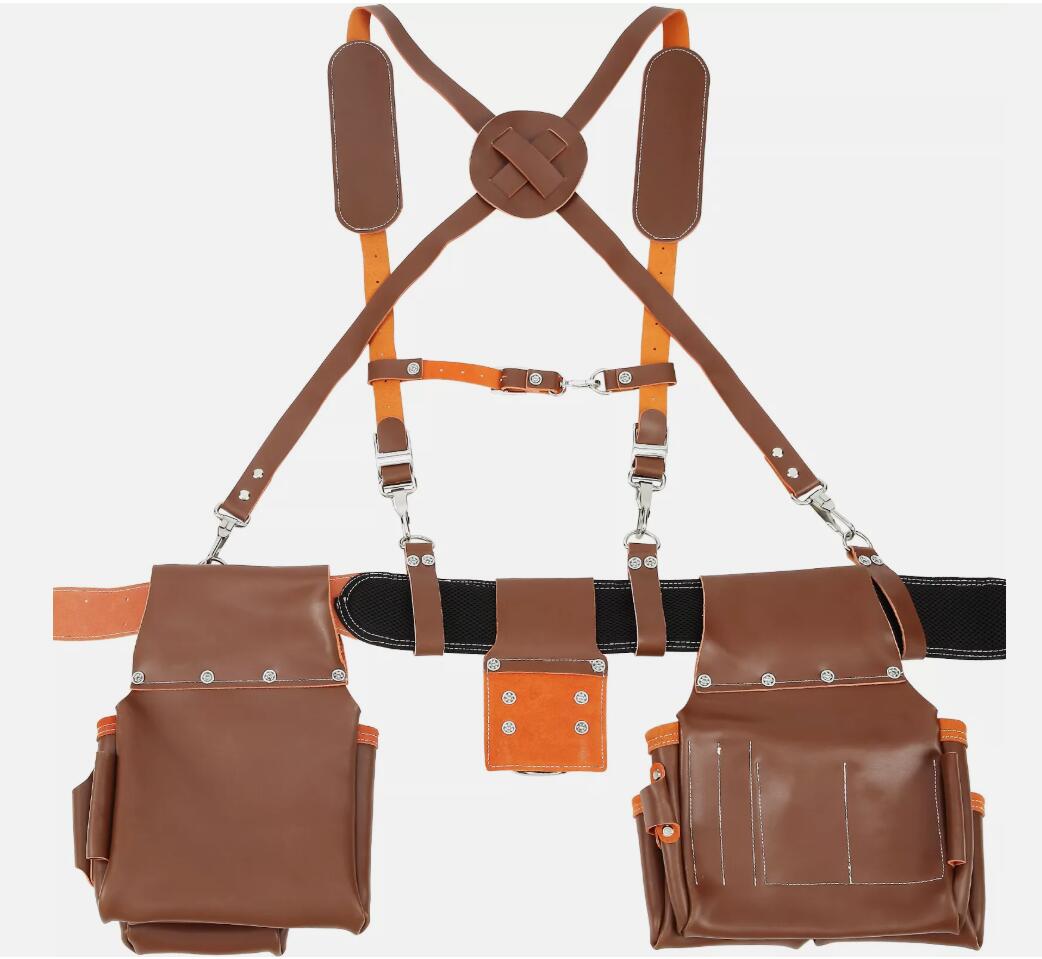 Genuine Leather Adjustable Tool Belt with Suspenders Carpenter Tool Pouch