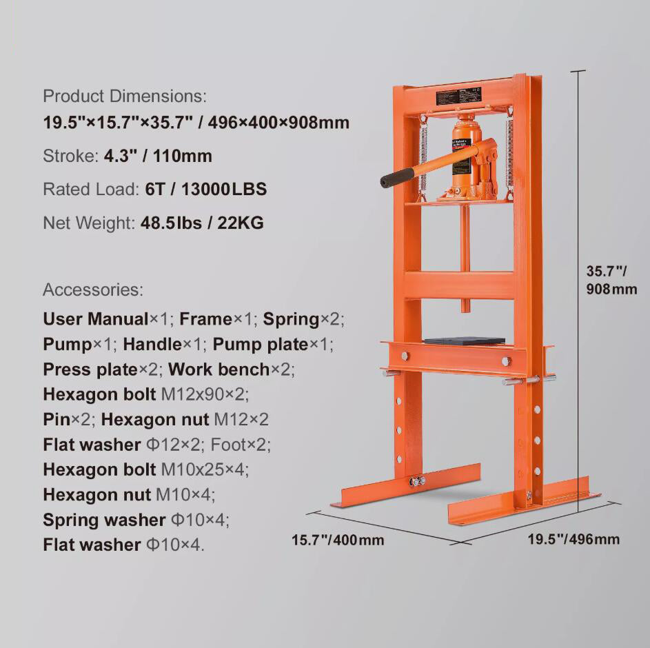 6 Ton Heavy Duty Adjustable Hydraulic Shop Press with Plates H-Frame Benchtop Stand