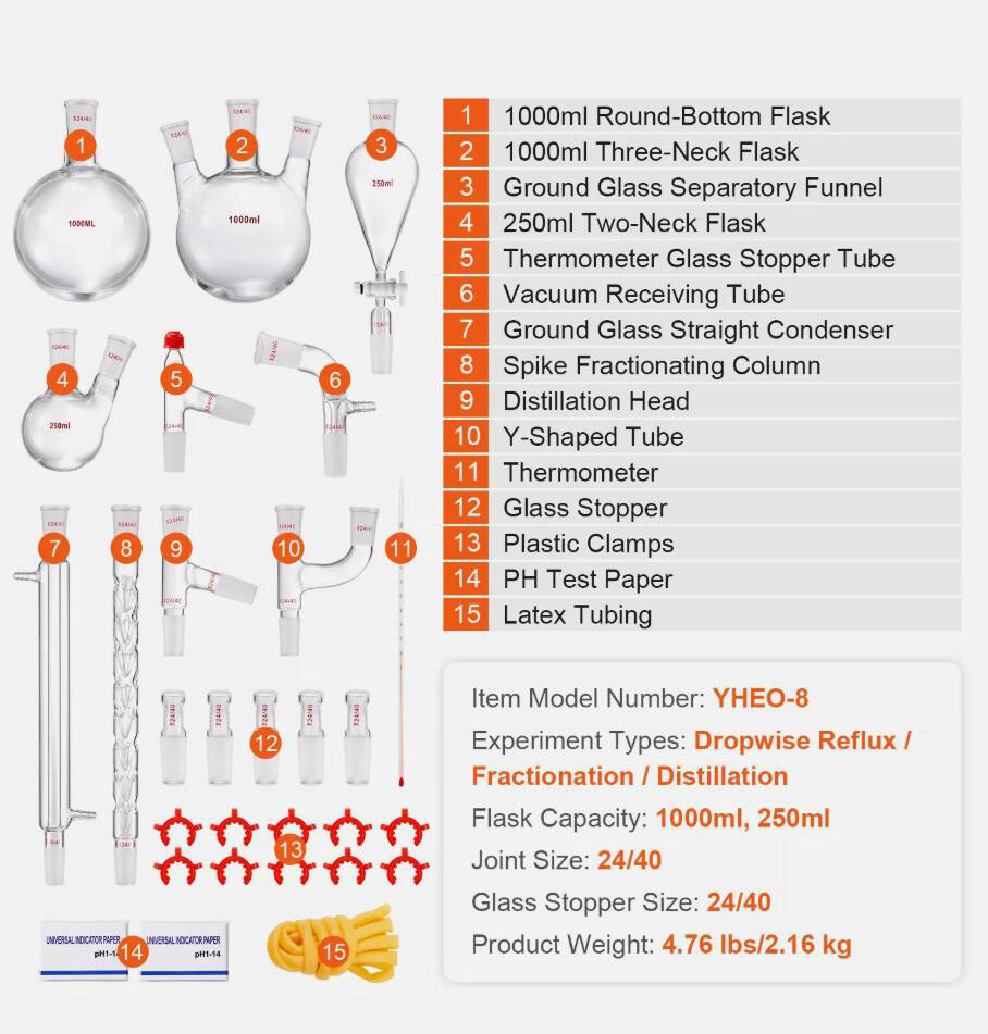 Premium 1000ml 3.3 Boro 29PCS Lab Glassware Distillation Kit Glassware Equipment AU