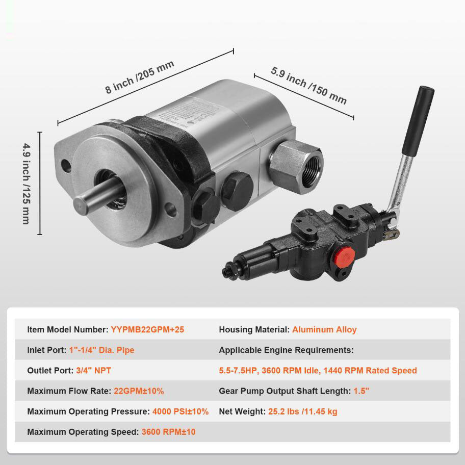 3600 RPM 4000 PSI Hydraulic Wood Log Splitter Pump Kit Gear Pump 22GPM 2 Stage with Valve