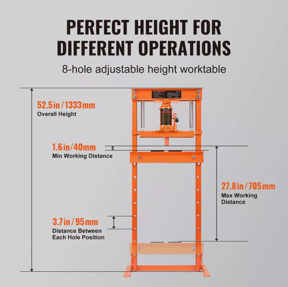 12 Ton Heavy Duty Adjustable Hydraulic Shop Press with Plates H-Frame Benchtop Stand