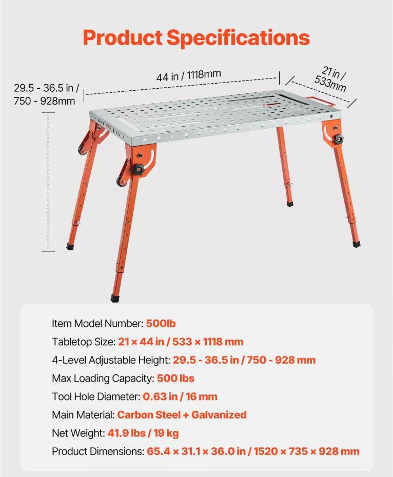 44" x 21" Adjustable Height Welding Table 500LBS Folding Workbench with 4-Level  AU