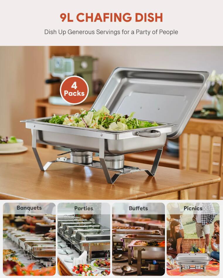 Premium 4 Pack 9L Stainless Steel Chafer Chafing Dish Set Bain Marie Food Warmer AU