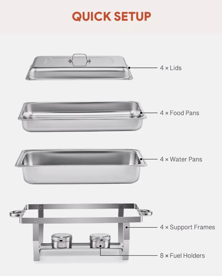 Premium 4 Pack 9L Stainless Steel Chafer Chafing Dish Set Bain Marie Food Warmer AU