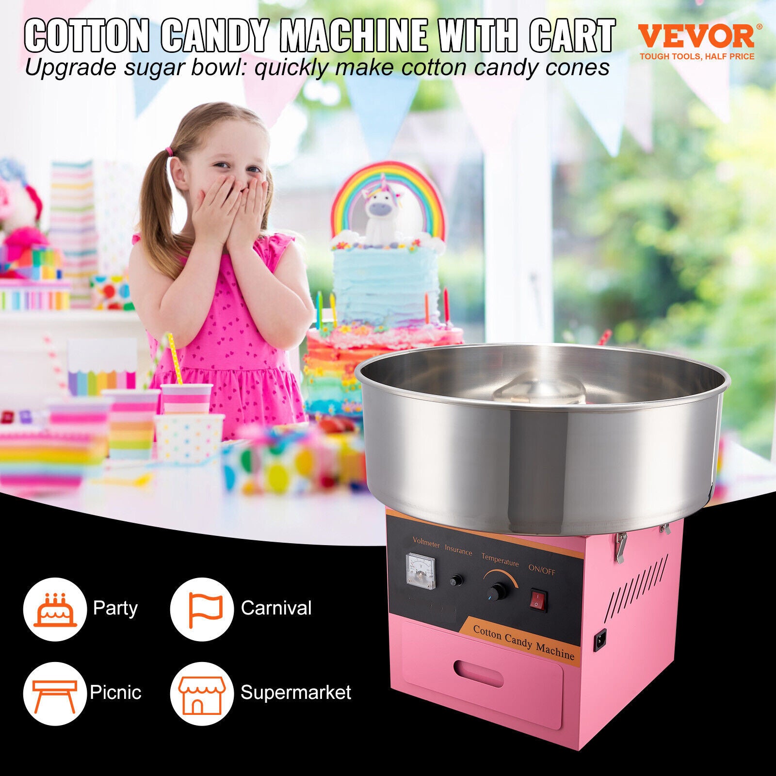 NEW 1000W Commercial Cotton Candy Machine Sugar Floss Maker for Party Pink