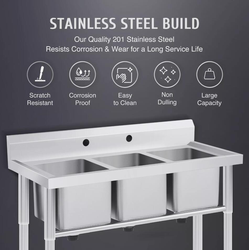 Heavy Duty Stainless Steel Commercial Sink Utility & Prep 3 Compartments Backsplash AU