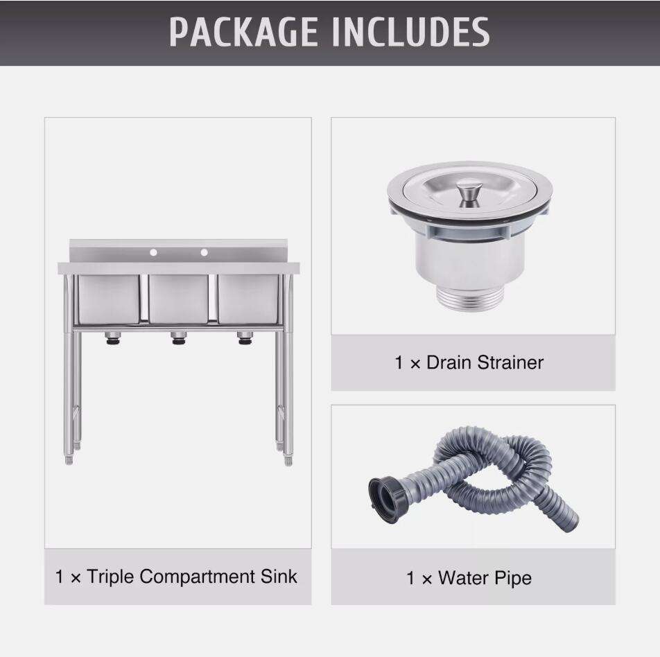 Heavy Duty Stainless Steel Commercial Sink Utility & Prep 3 Compartments Backsplash AU