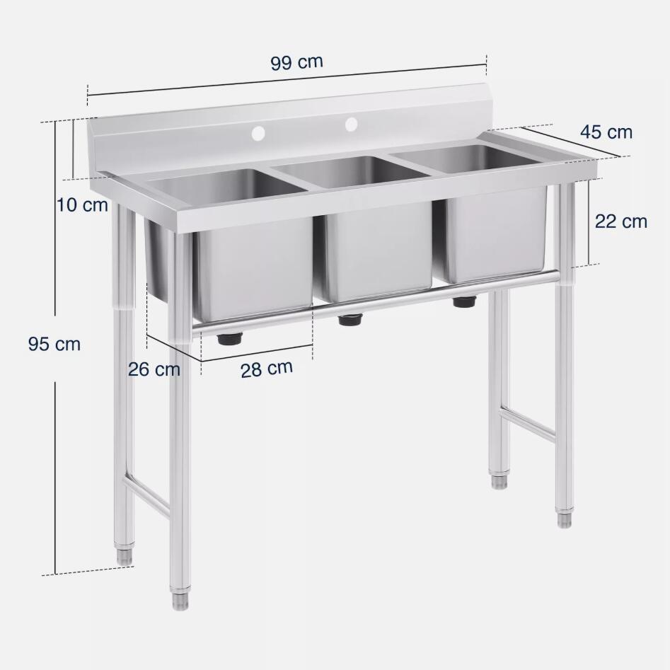 Heavy Duty Stainless Steel Commercial Sink Utility & Prep 3 Compartments Backsplash AU