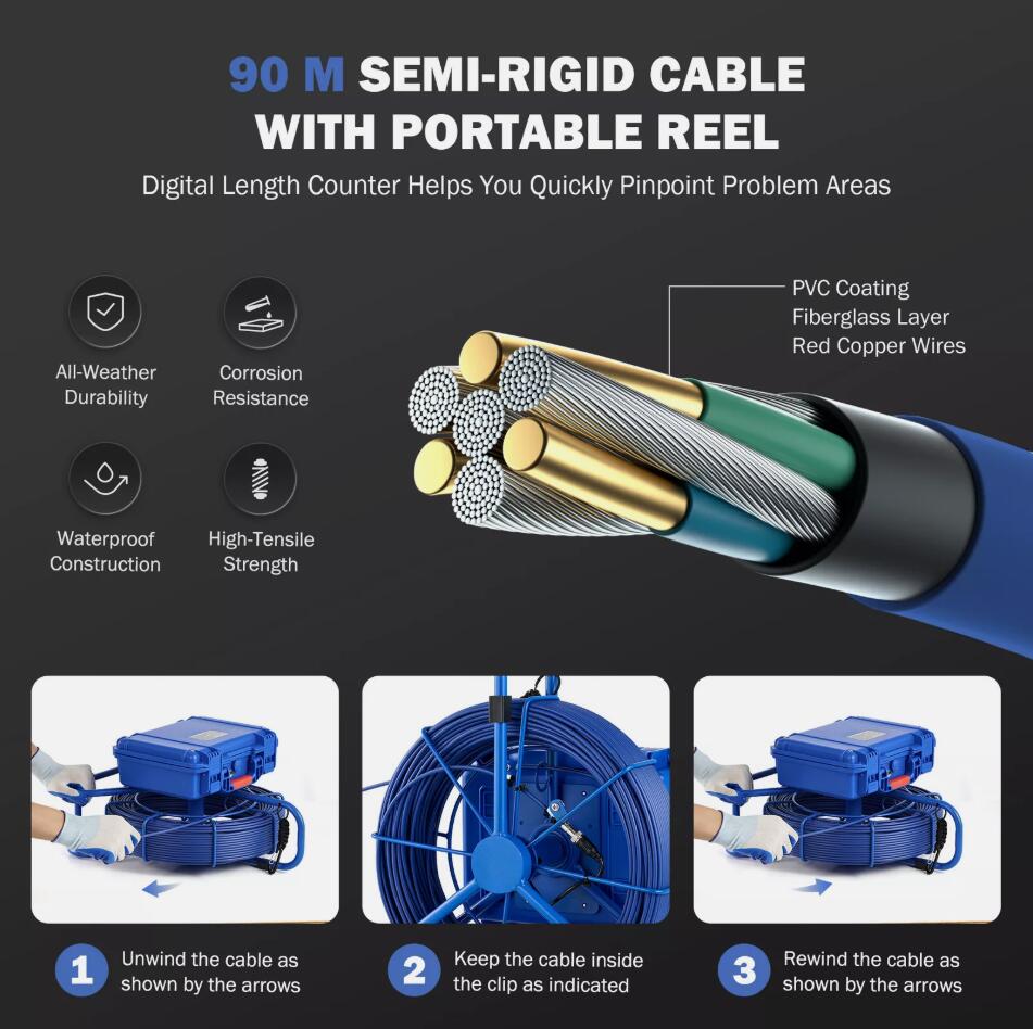 90M 9" Self-leveling Sewer Pipe Inspection Camera 32GB 512Hz Locator & 720P IP68 AU
