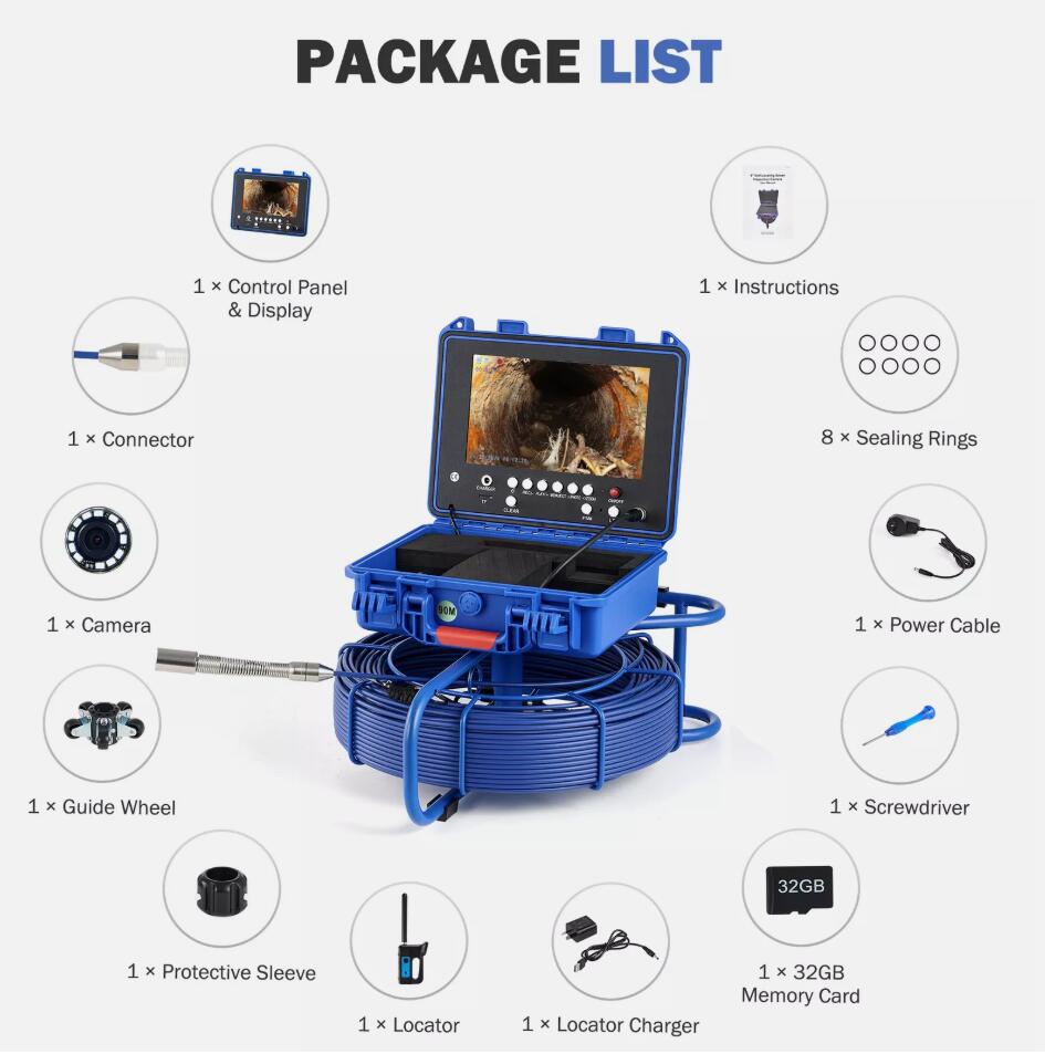 90M 9" Self-leveling Sewer Pipe Inspection Camera 32GB 512Hz Locator & 720P IP68 AU