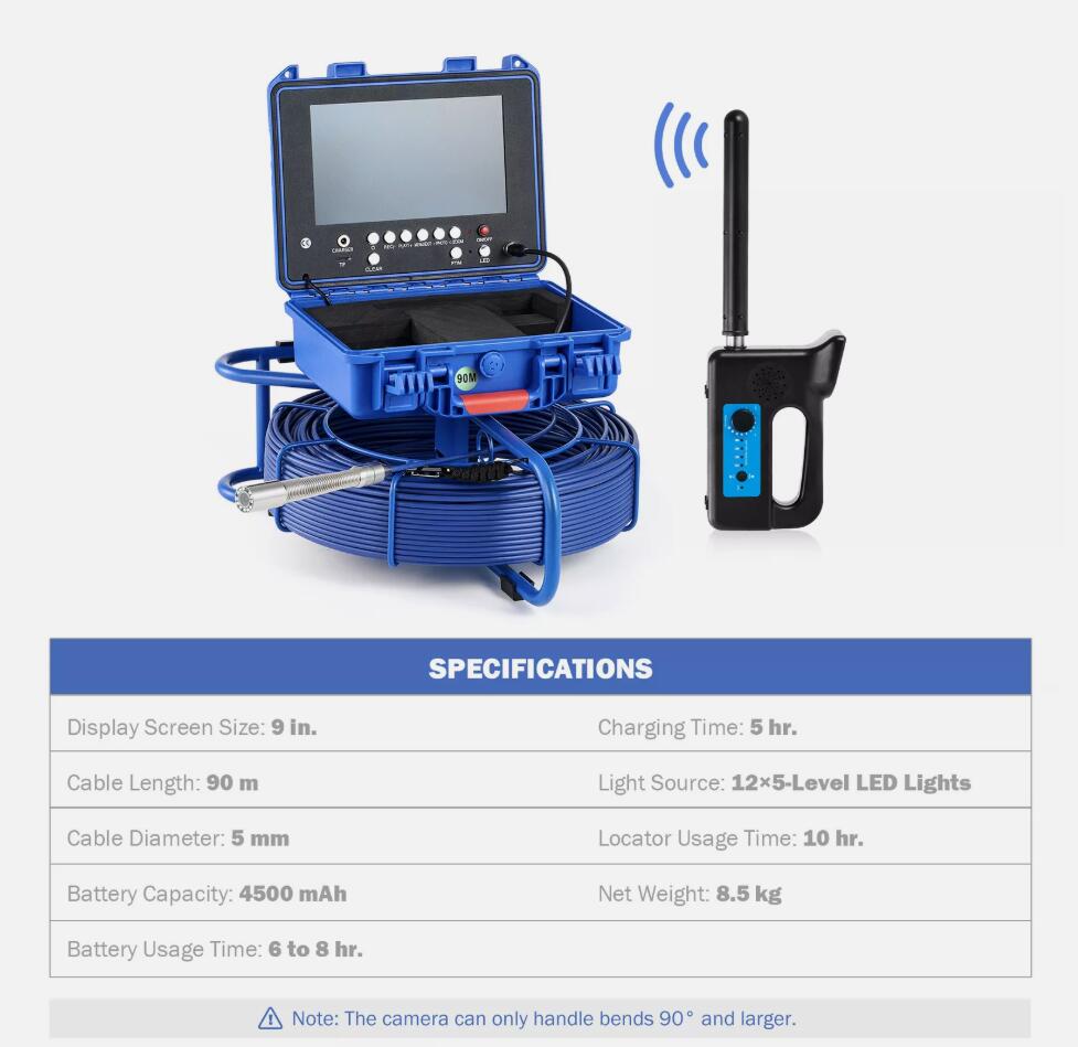90M 9" Self-leveling Sewer Pipe Inspection Camera 32GB 512Hz Locator & 720P IP68 AU