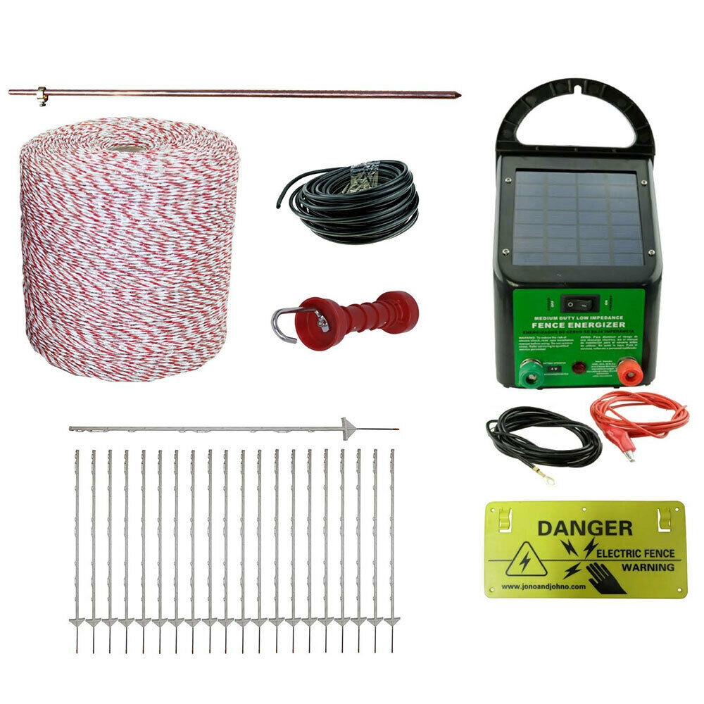 Electric Fence Kit Solar Energizer 20 Poly Posts 500m Wire Handle Earth Rod