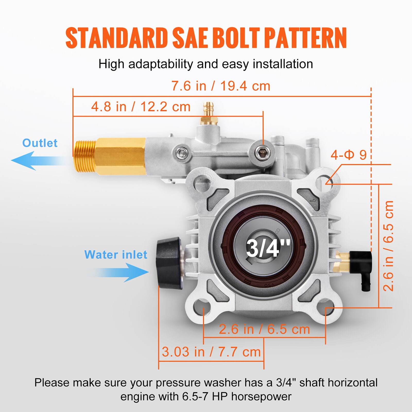 3400 PSI Pressure Washer Pump Power Washer Pump 19 mm Horizontal 2.5 GPM Flow Rate