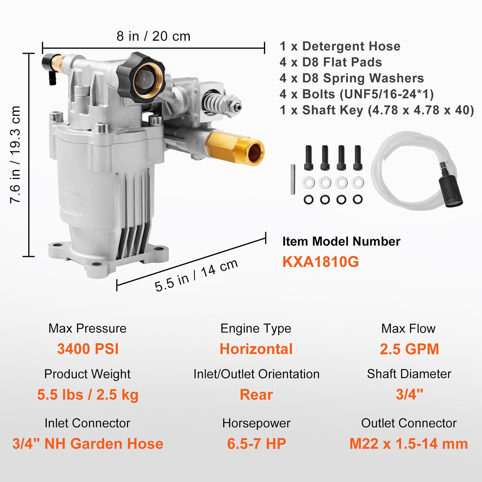 3400 PSI Pressure Washer Pump Power Washer Pump 19 mm Horizontal 2.5 GPM Flow Rate