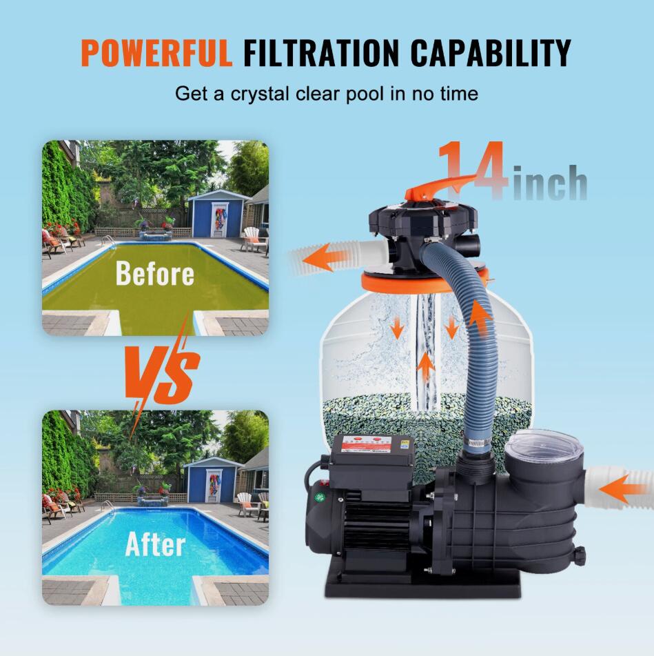 Premium 450W 13,000 L/H Flow Sand Filter Above Ground 6-Way Valve With Pool Pump