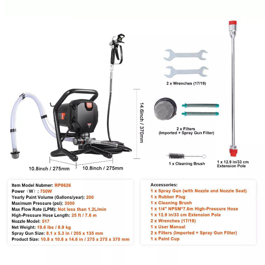 750W 3000PSI Powerful Electric Handheld Stand Airless Paint Sprayer Professional