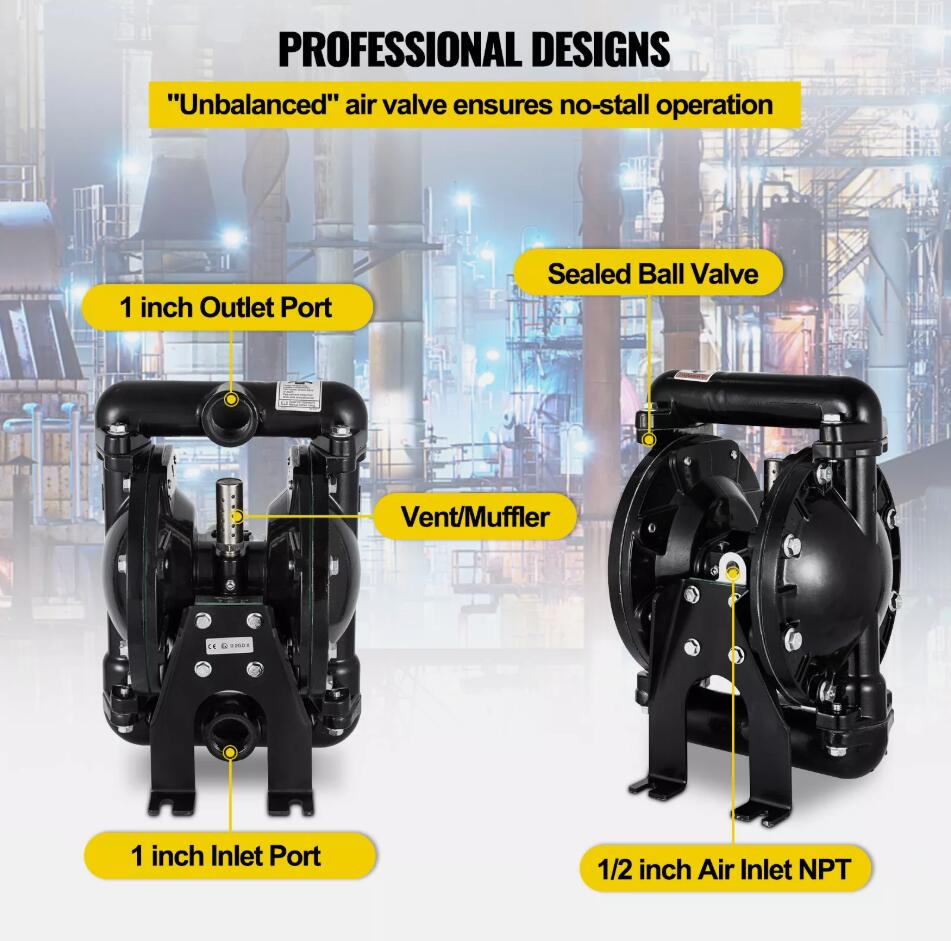 Heavy Duty Air-Operated Double Diaphragm Pump 1 inch Outlet 1/2in. Air Inlet 150 ℉ HOT