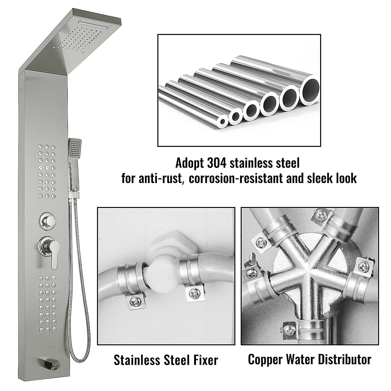 5 In 1 Sturdy Stainless Steel Shower Column Tower Panel with Twin Head Anti-rust Waterfall