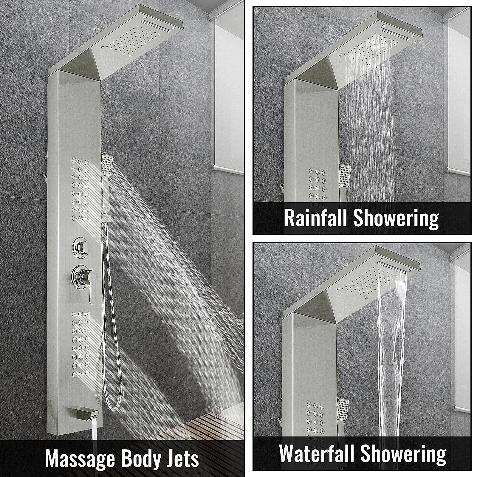 5 In 1 Sturdy Stainless Steel Shower Column Tower Panel with Twin Head Anti-rust Waterfall