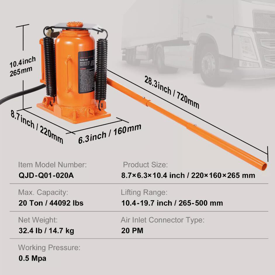 20 Ton Professional Air Hydraulic Bottle Jack Lift Adjustable Automotive Car Repair Shop