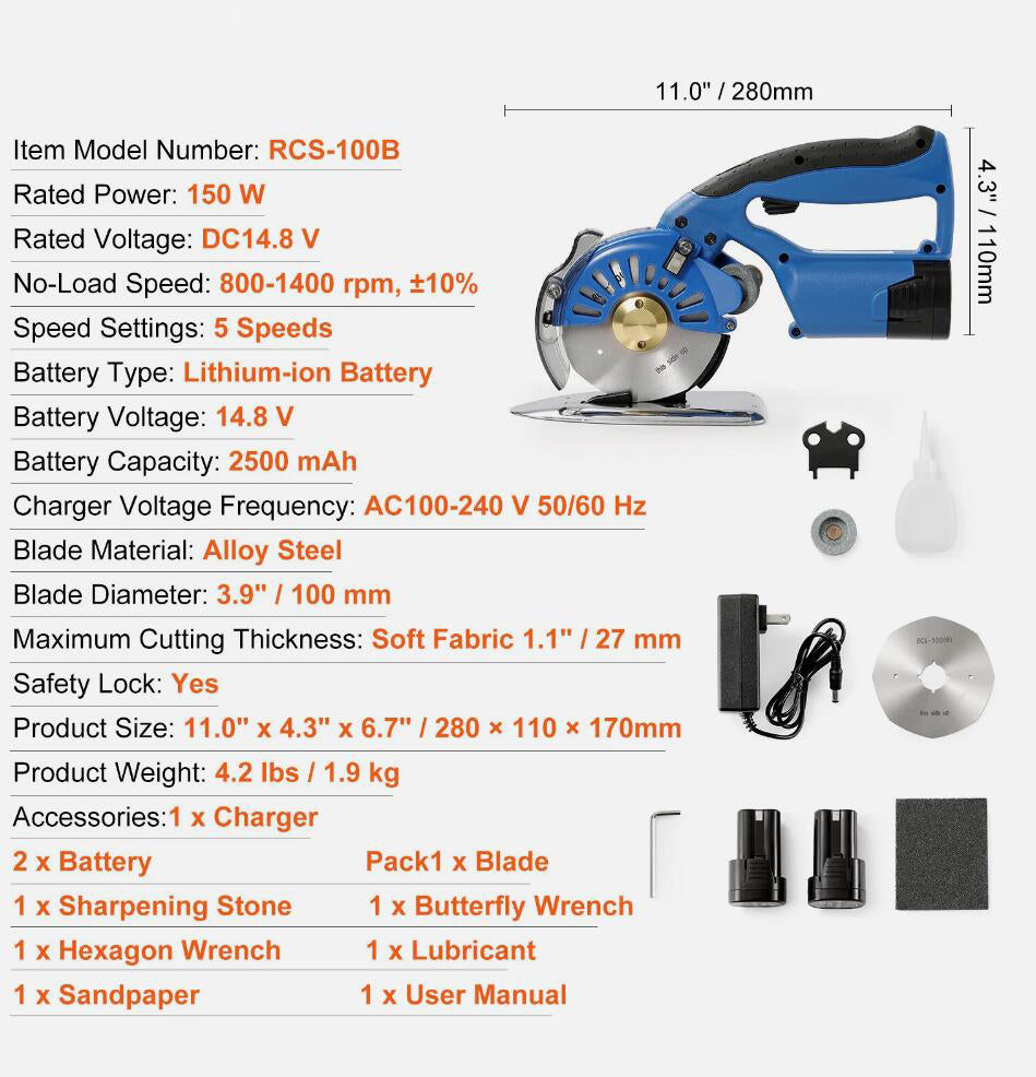 NEW Automatic Cordless 5-Speed Fabric Cutter Electric Rotary Fabric Cutting Machine AU