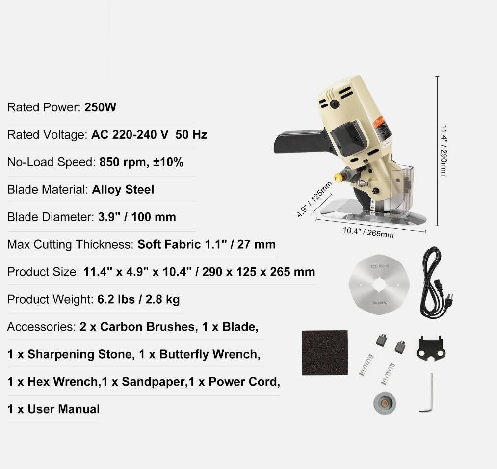 250W Automatic Electric Fabric Cutter Rotary Fabric Cutting Machine 1.1" Thickness