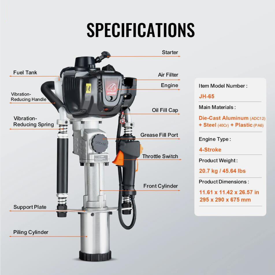 Heavy Duty 37.77cc Gas-Powered T Post Driver 4-Stroke Fence Piling Pou ...