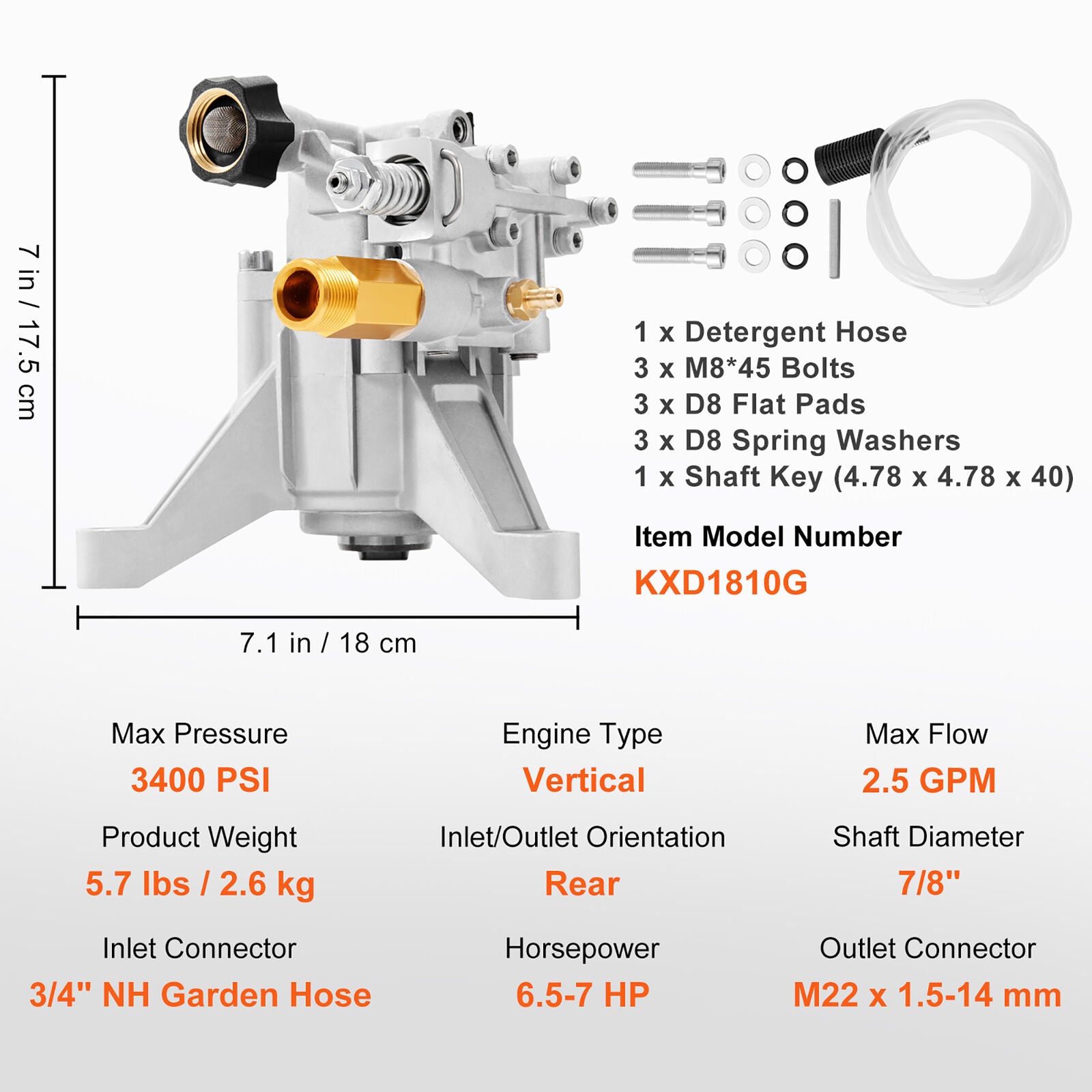 3400PSI 2.5GPM Pressure Washer Pump Power Washer Pump 22 mm Shaft Vertical