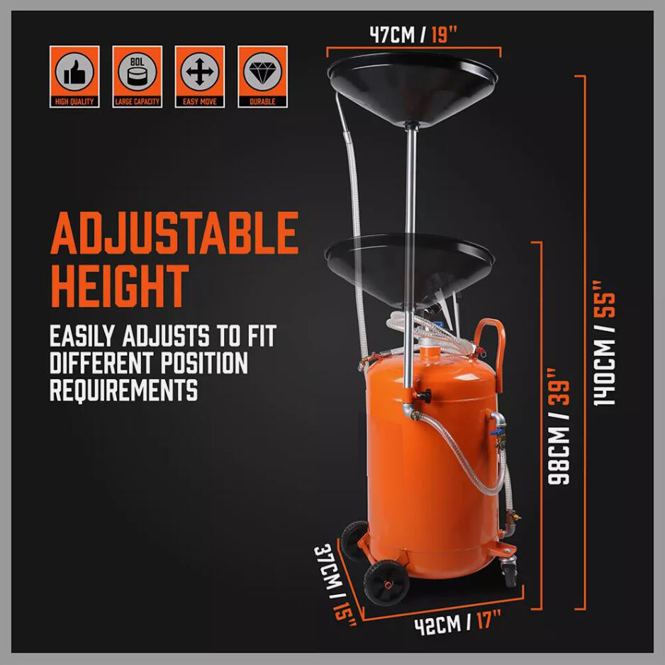Large 80L Car Engine Waste Oil Drainer Tank Workshop Mobile Telescopic Extractor AU