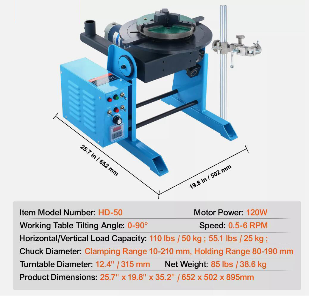 120W 50KG Precise & Stable Rotary Welding Positioner 0-90° Turntable Table 0.5-6RPM AU